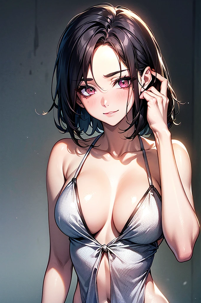 Masterpiece,Highest quality,8k,Ultra-high resolution,appropriate margins,lighting,BREAK,1 person,Very beautiful adult woman,Slim body,Very ample large breasts,Deep cleavage,Moisturized Skin,BREAK,Black Hair,short hair,unkempt,(No bangs),(Show your forehead),mascara,Eyeliner,Light pink lip,Thin teak,Thick upper eyelashes,Thin eyebrows,BREAK,Pale pink eyes,BREAK,Embarrassed,Shy smile,BREAK,(Clothes with a wide open back),BREAK,Eye contact,Neat and clean appearance,Posing