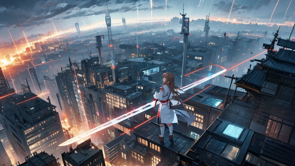 Asuna from Sword Art Online standing on the battlefield。night。Collapsed building。
