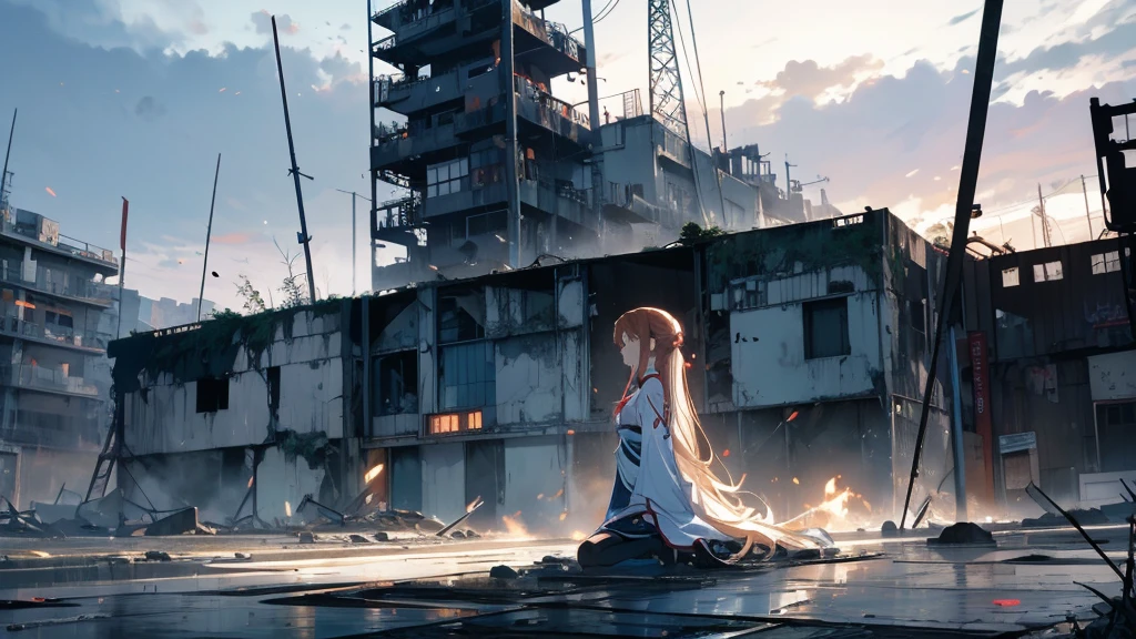 Asuna from Sword Art Online standing on the battlefield。night。Collapsed building。