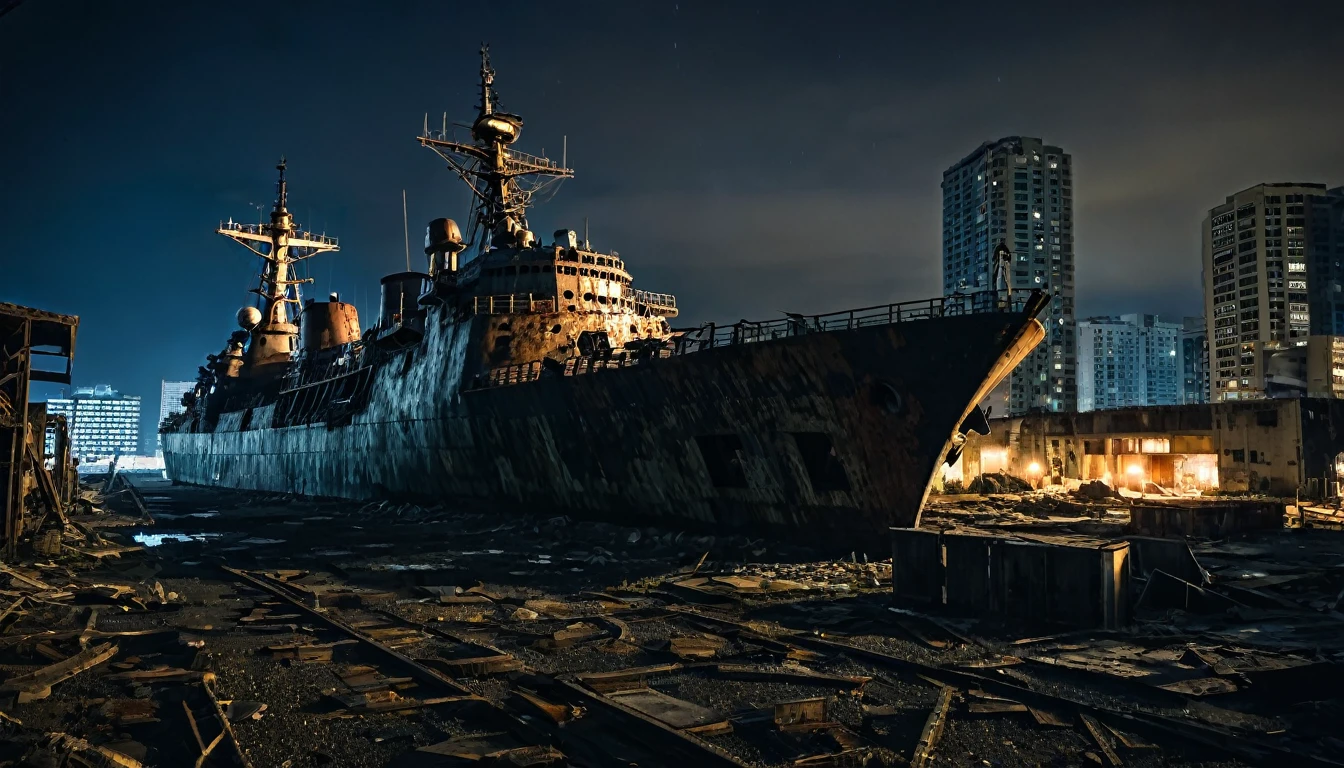 large rusty warship abandoned post apocalyptic night inside city between dark buildings