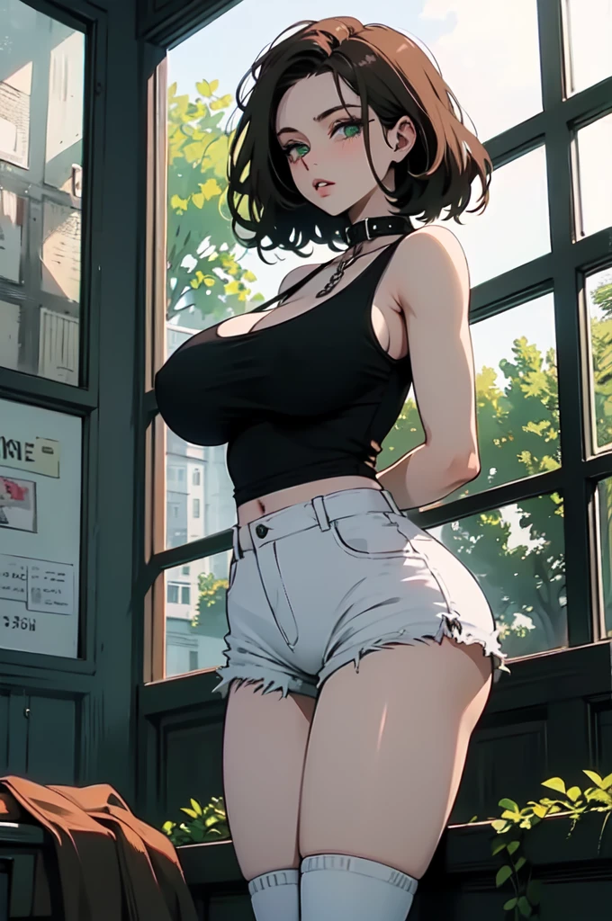 masterpiece, best quality, 1girl, solo, guilty \(nikke\), white tank top, white shorts, white Knee socks, collar, straitjacket, chain, looking at viewer, parted lips, standing, hands behind back, (huge breasts:1.2), green eyes, fluffy brown hair, Medium-length hair,