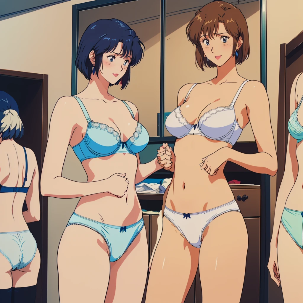 masterpiece, top quality, ultra detailed, (((((NOGAMI_SAEKO),bob cut, (SUMERAGI_AIKA), best anatomy, in underwear, (panties, elaborately designed luxury panties for adults, panties high definition images, draw panties with super precision), lace trimmed bra, extremely detailed texture, earrings, red lip, embarrassed, blush, smile)))), cowboy shot, (((underwear in dressing room))), white skin, (presenting panties), (display panties:1.5),holding panties with both hands