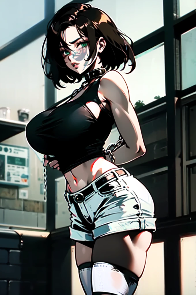 masterpiece, best quality, 1girl, solo, guilty \(nikke\), white tank top, white shorts, white Knee socks, collar, straitjacket, chain, looking at viewer, parted lips, standing, hands behind back, (huge breasts:1.2), green eyes, fluffy brown hair, Medium-length hair,