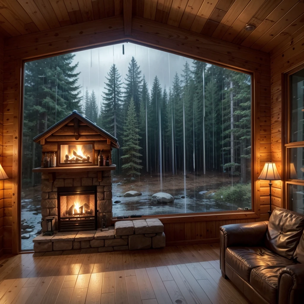 Make a brightly lit cabin cozy with a couple inside by the fireplace watching the rain fall outside .