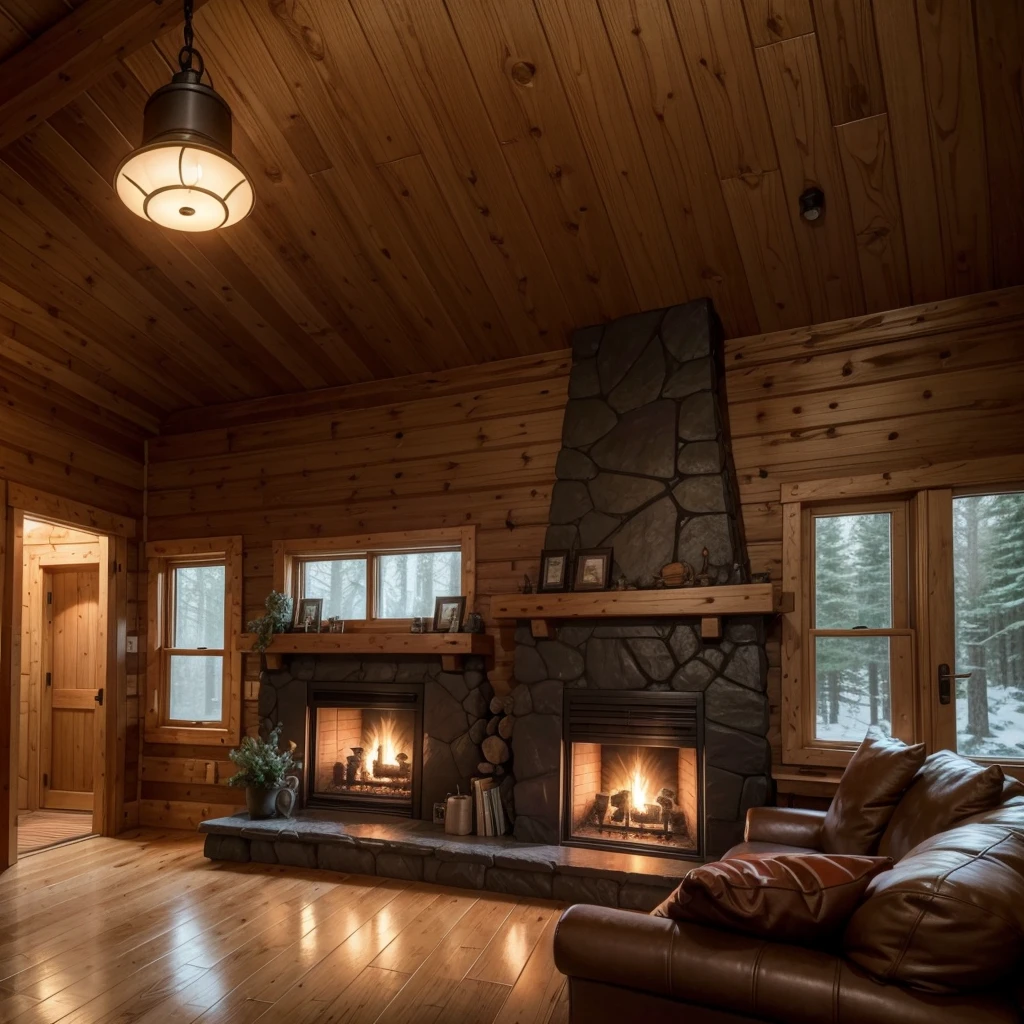 Make a brightly lit cabin cozy with a couple inside by the fireplace watching the rain fall outside .