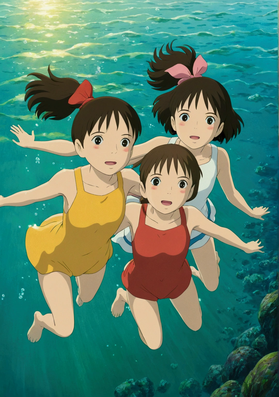 Ghibli　summer 　Swimming in the sea　girl　Two people