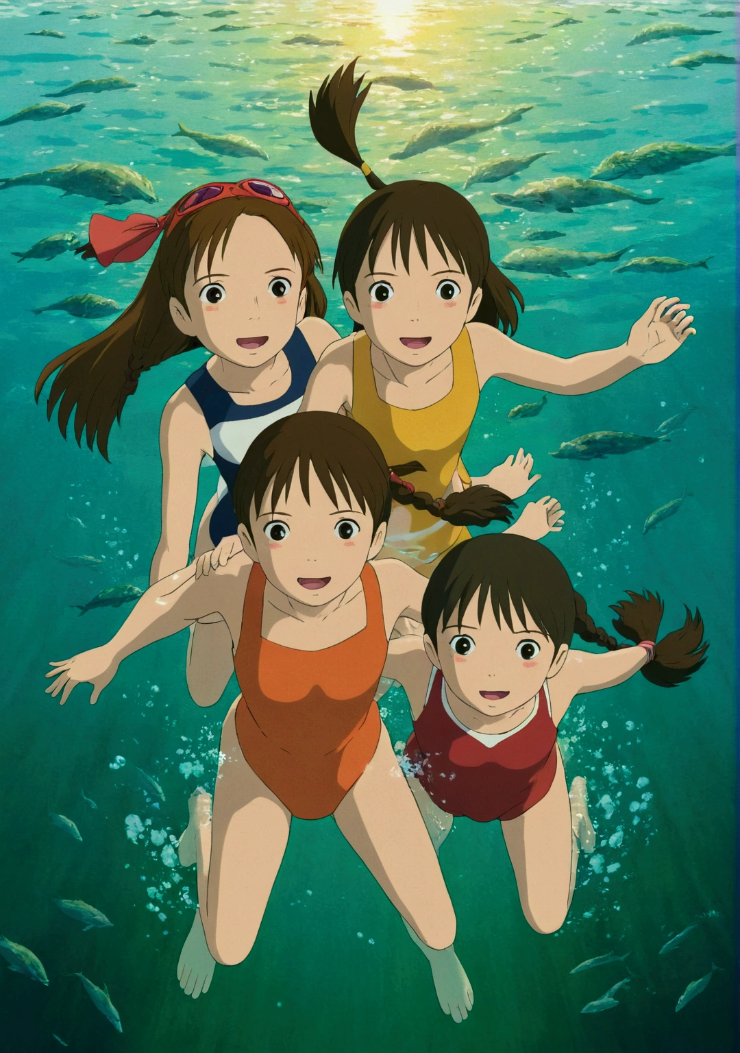 Ghibli　summer 　Swimming in the sea　girl　Two people