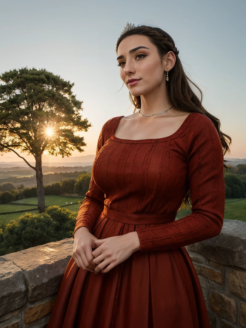 Beautiful and regal, imperious and aloof, busty athletic (thin) brunette queen with sharp facial features, crown braid, wearing a dark red medieval dress, long sleeves, intricate patterns, embroidery, wide neck, crown, veil, long dress, modest dress, tight bodice, (silver waist chain), medieval jewelry, Middle Ages, castle, rampart, wall, exterior, on top of a castle wall, trees, countryside, evening, sunset.