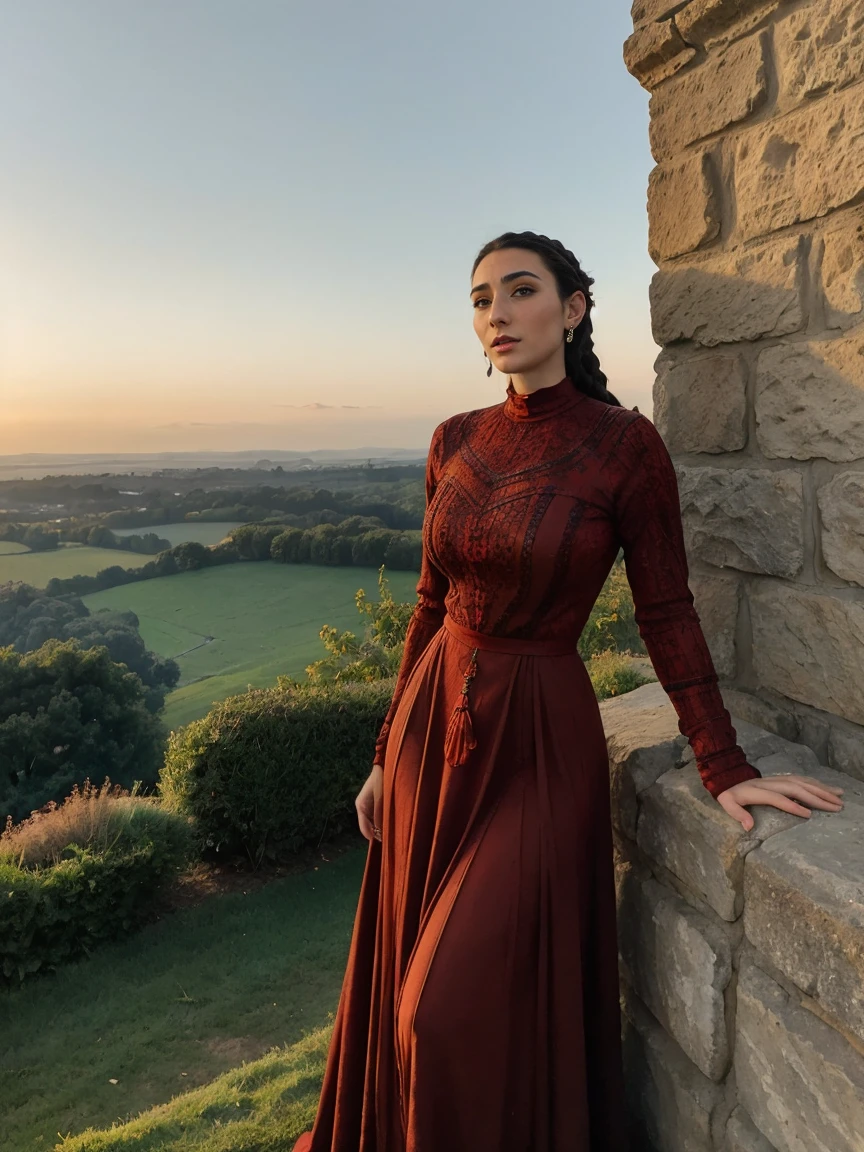 Beautiful and regal, imperious and aloof, busty athletic (thin) brunette queen with sharp facial features, crown braid, wearing a dark red medieval dress, long sleeves, intricate patterns, embroidery, wide neck, crown, veil, long dress, modest dress, tight bodice, (silver waist chain), medieval jewelry, Middle Ages, castle, rampart, wall, exterior, on top of a castle wall, trees, countryside, evening, sunset.