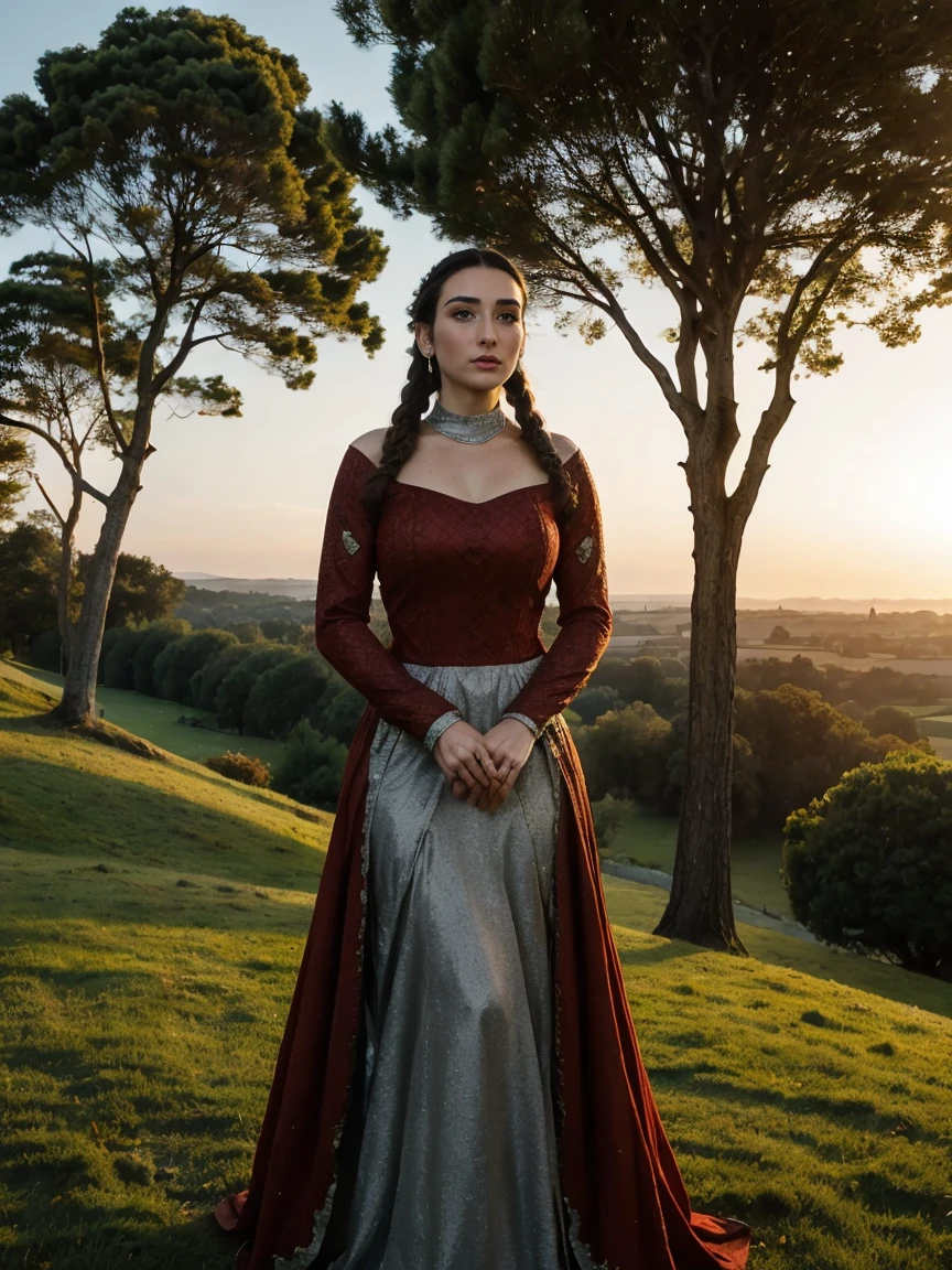 Beautiful and regal, imperious and aloof, busty athletic (thin) brunette queen with sharp facial features, crown braid, wearing a dark red medieval dress, long sleeves, intricate patterns, embroidery, wide neck, crown, veil, long dress, modest dress, tight bodice, (silver waist chain), medieval jewelry, Middle Ages, castle, rampart, wall, exterior, on top of a castle wall, trees, countryside, evening, sunset.
