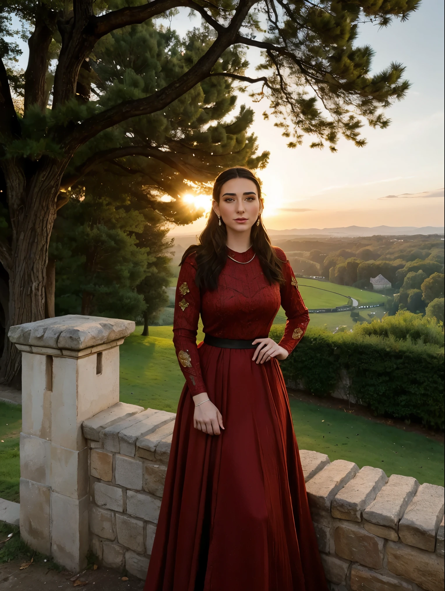 Beautiful and regal, imperious and aloof, busty athletic (thin) brunette queen with sharp facial features, crown braid, wearing a dark red medieval dress, long sleeves, intricate patterns, embroidery, wide neck, crown, veil, long dress, tight bodice, (silver waist chain), medieval jewelry, Middle Ages, castle, rampart, wall, exterior, on top of a castle wall, trees, countryside, evening, sunset.