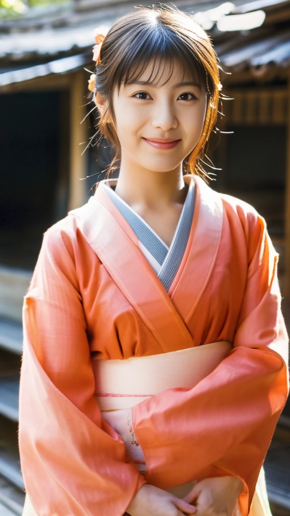 ((1 japanese age girl)), Ethereal beautiful, slim, , Soft light, ((David Hamilton Style)), closeup picture, masutepiece, Best Quality, Photorealsitic, 8K, High resolution, Detailed skin, 8K UHD, Digital SLR, Soft lighting, High quality, Film grain, FUJI XT3, Full body, In the Kyoto city, standing, Photo from the waist up、(wearing cute and short Japanese_KIMONO), smile, (The background is Kyoto_street), (Both face and body are facing the viewer:1.4)、The chest of the kimono is wide open.、 Kimono is coming off、Underwear is visible、