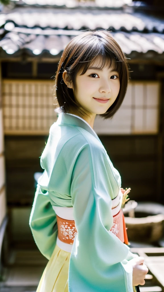((1 japanese age girl)), Ethereal beautiful, slim, , Soft light, ((David Hamilton Style)), closeup picture, masutepiece, Best Quality, Photorealsitic, 8K, High resolution, Detailed skin, 8K UHD, Digital SLR, Soft lighting, High quality, Film grain, FUJI XT3, Full body, In the Kyoto city, standing, Photo from the waist up、(wearing cute and short Japanese_KIMONO), smile, (The background is Kyoto_street), (Both face and body are facing the viewer:1.4)、The chest of the kimono is wide open.、 Kimono is coming off、Underwear is visible、