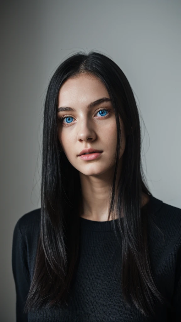 19 year old woman. long straight black hair, blue eyes, ghostly white skin. thin athletic. wearing a black sweater. 8k.UHD.Hyper-realistic