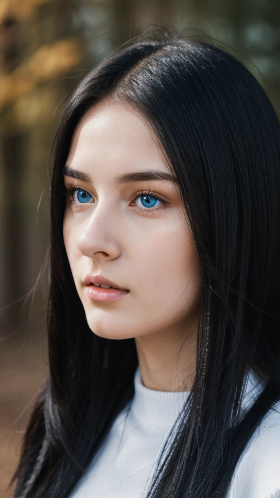 19 year old woman. long straight black hair, blue eyes, ghostly white skin. thin athletic. wearing a black sweater. 8k.UHD.Hyper-realistic