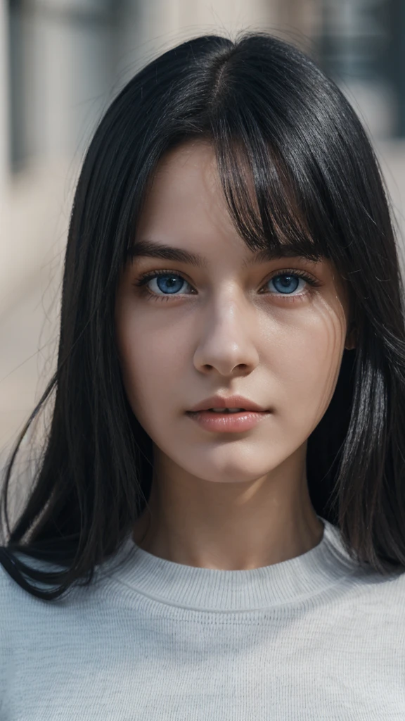 19 year old woman. long straight black hair, blue eyes, ghostly white skin. thin athletic. wearing a black sweater. 8k.UHD.Hyper-realistic