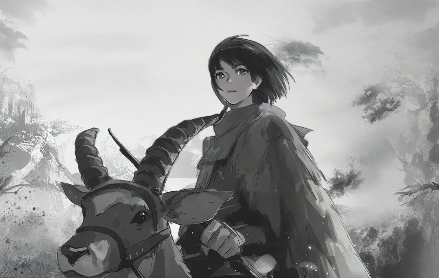 Riding a deer，Anime girl holding sword in hand,Chinese Ink Painting,(abstract ink splash:1.2),By Kama Guka, Studio Ghibli. Artistic Germ, Clean and detailed anime art, Clean and detailed anime style, Semi-realistic anime style, ghibli and ilya kuvshinov, Anime Sketch, author：Mangoro, realistic anime artstyle, makoto shinkai and Artistic Germ