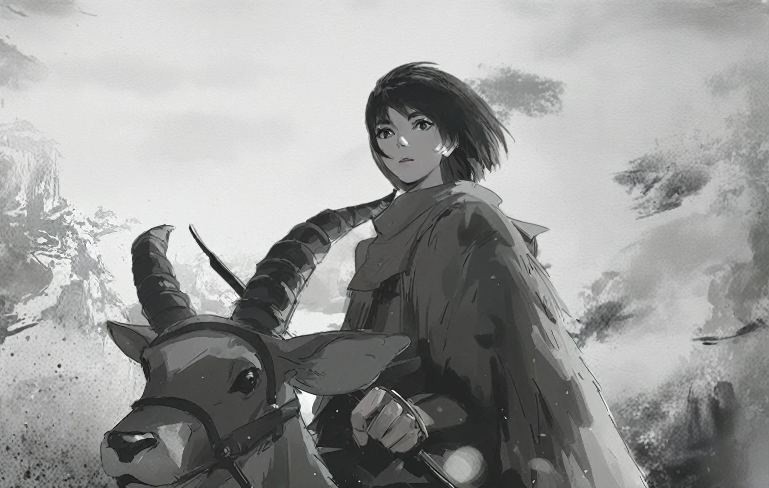 Riding a deer,Anime girl holding sword in hand,Chinese Ink Painting,(abstract ink splash:1.2),By Kama Guka, Studio Ghibli. Artistic Germ, Clean and detailed anime art, Clean and detailed anime style, Semi-realistic anime style, ghibli and ilya kuvshinov, Anime Sketch, author:Mangoro, realistic anime artstyle, makoto shinkai and Artistic Germ