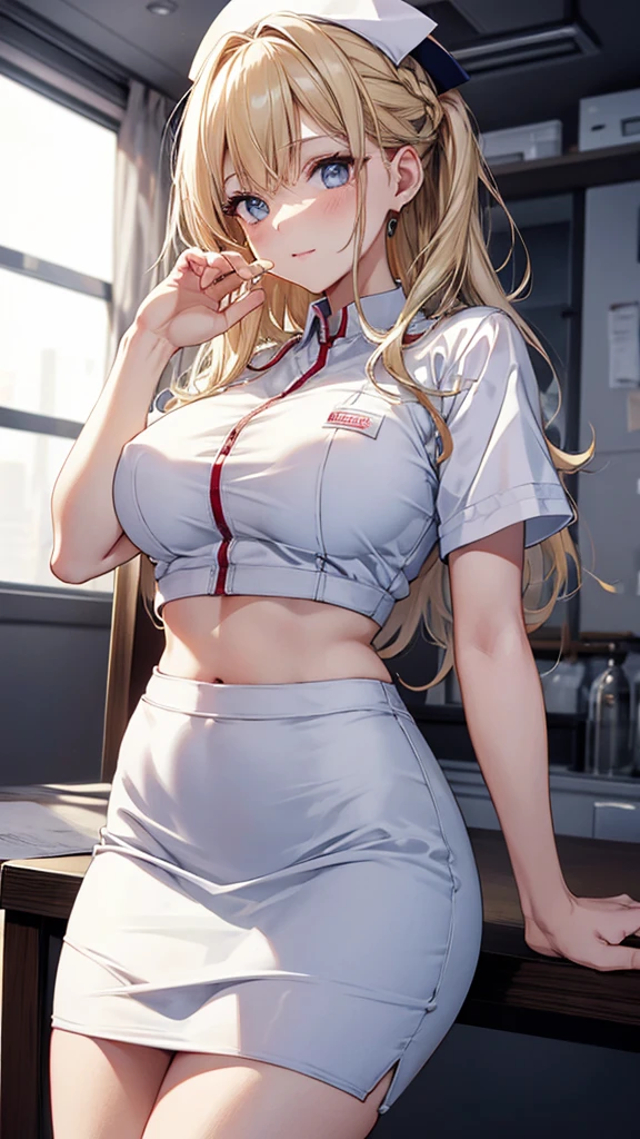 i girl,solo,kurvy,large breasts,nurse,white clothed,cap,blonde hair,(white pencil skirt:1.3),miniskirt,white panty,Syringe,top-quality,Top image quality,perfect anatomy,masterpiece,ultra-detailliert,Beautiful、ultra-quality, best quality,high resolution, ultra-detailed,game cg,dutch angle ,beautiful detailed eyes, visualart,five fingers, perfect hands,