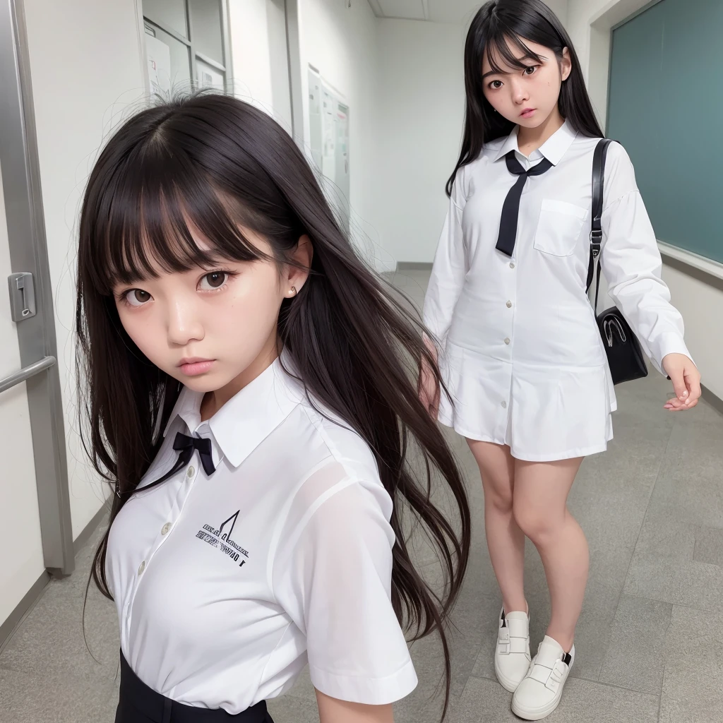 Beautiful girl, wearing a school uniform, white clothes, black trousers and gray school alma mater, flat expression, bad girl expression, oval layered hair, background in the school hallway, korean face girl