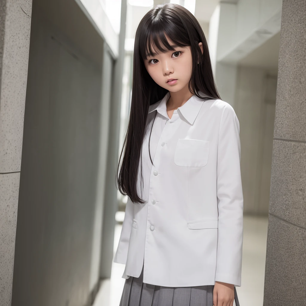 Beautiful girl, wearing a school uniform, white clothes, black trousers and gray school alma mater, flat expression, bad girl expression, oval layered hair, background in the school hallway, korean face girl