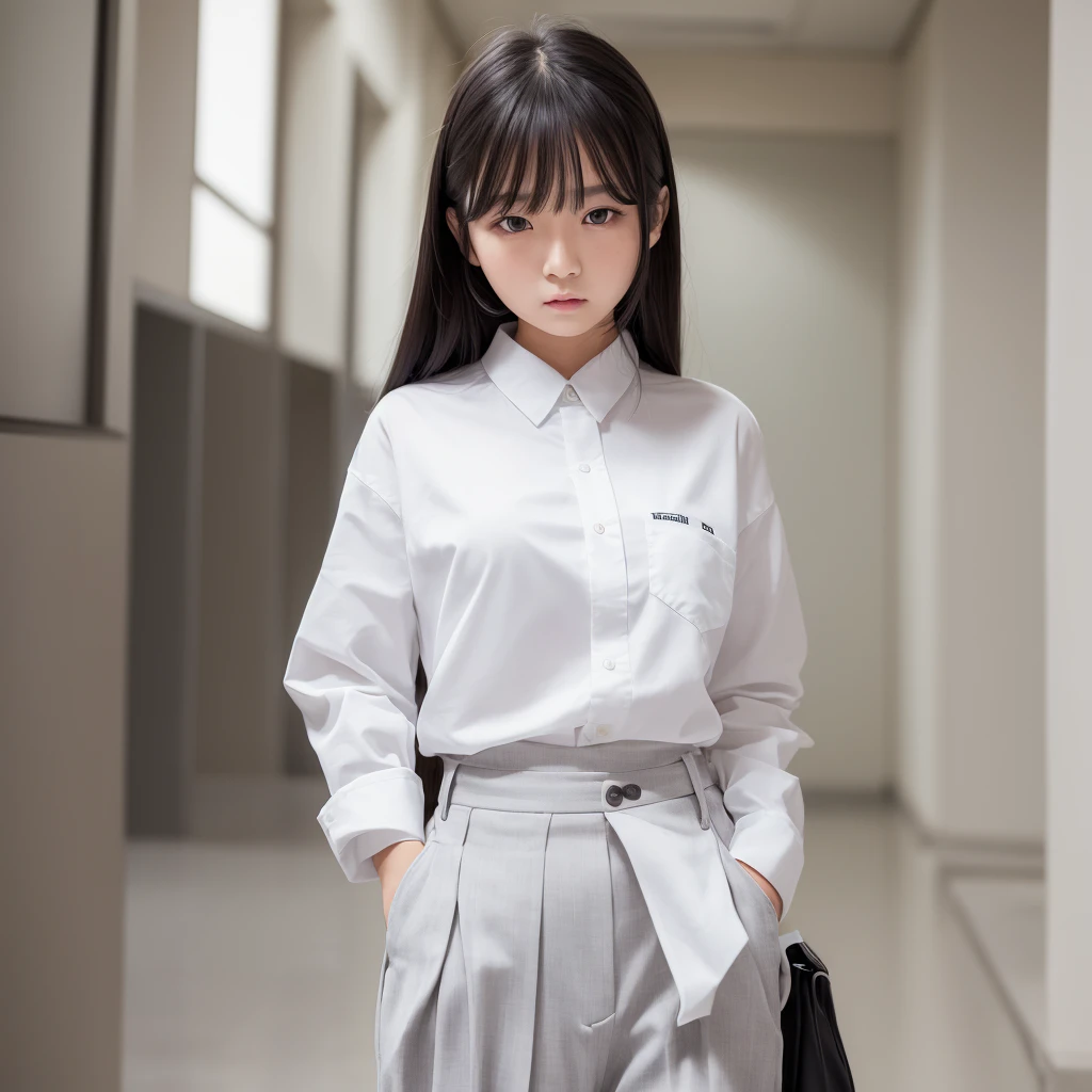 Beautiful girl, wearing a school uniform, white clothes, black trousers and gray school alma mater, flat expression, bad girl expression, oval layered hair, background in the school hallway, korean face girl