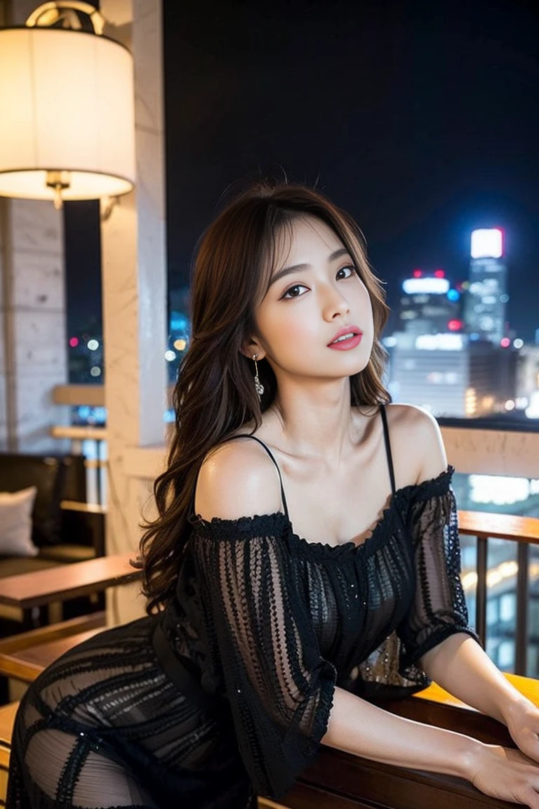 Dark brown hair、Light brown eyes、Japanese actress、 Lady、I am about 40 years old.....、(Intricate details:1.2)、(Which is the top?????:1.4)、 (Ultra-high resolution:1.2)、Ultra-high resolution、(Fine-tune)、(Detailed facial features)、Hmph、8k resolution、D cup size breasts、Long Hair、Rooftop Bar、Night view、Extravagant space、relax、、,Full body photo、Head to toe shot、Beautiful feet、Camisole dress、Beautiful feet、she,   Fashion Hub, Attention to detail, Very detailed, Realistic, Hourglass Shaped Body, Obscene pose,、、私 cry a lot、tears、diagonally from below、please lift your chin、Press your butt against the wall、relaxした表情、Pose of Weakness、(auraroid photo:1.2)、From outside the window、A masterpiece of transparent painting、8k、32K、Highest quality、(Details of both eyes)、1 girl、elegant、(Loose black dress :1.4)、Night view。(Low - Angle、Look up and look at me:1.2)、Hilarious、Looking into the camera、