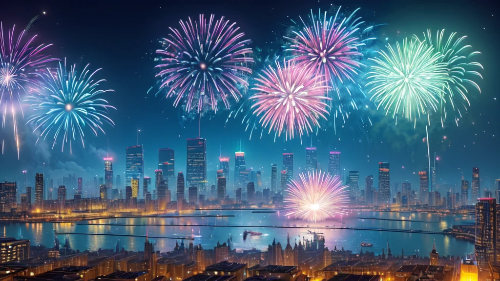 view from below, cyberpunk city fireworks,(Bright and sparkling:1.1), gorgeous explosion, (spectacular and attractive:1.2), Illuminate the darkness, (bright and vibrant colors), (crackle and pop), (fascinating and breathtaking:1.1) light display, (dazzling,shining hair) pattern, (Charming and magical), (Explosive and vitality), (celebration、be happy).