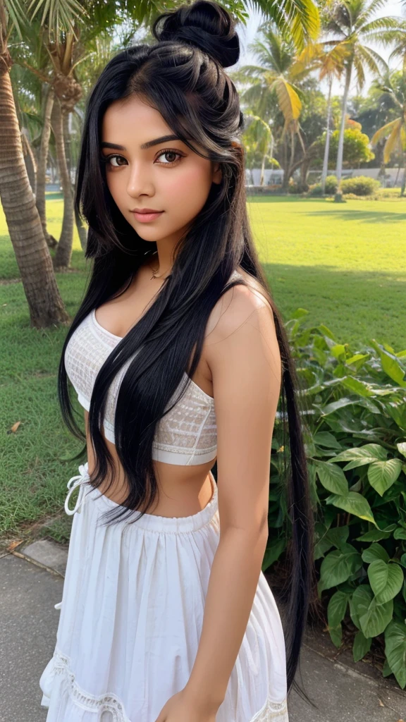 Ek indian girl jiski umar 22 year hai medium breast long black hair hair bun detailed black eyes , morning walk karte hue or halki halki barish aa rhi ho 