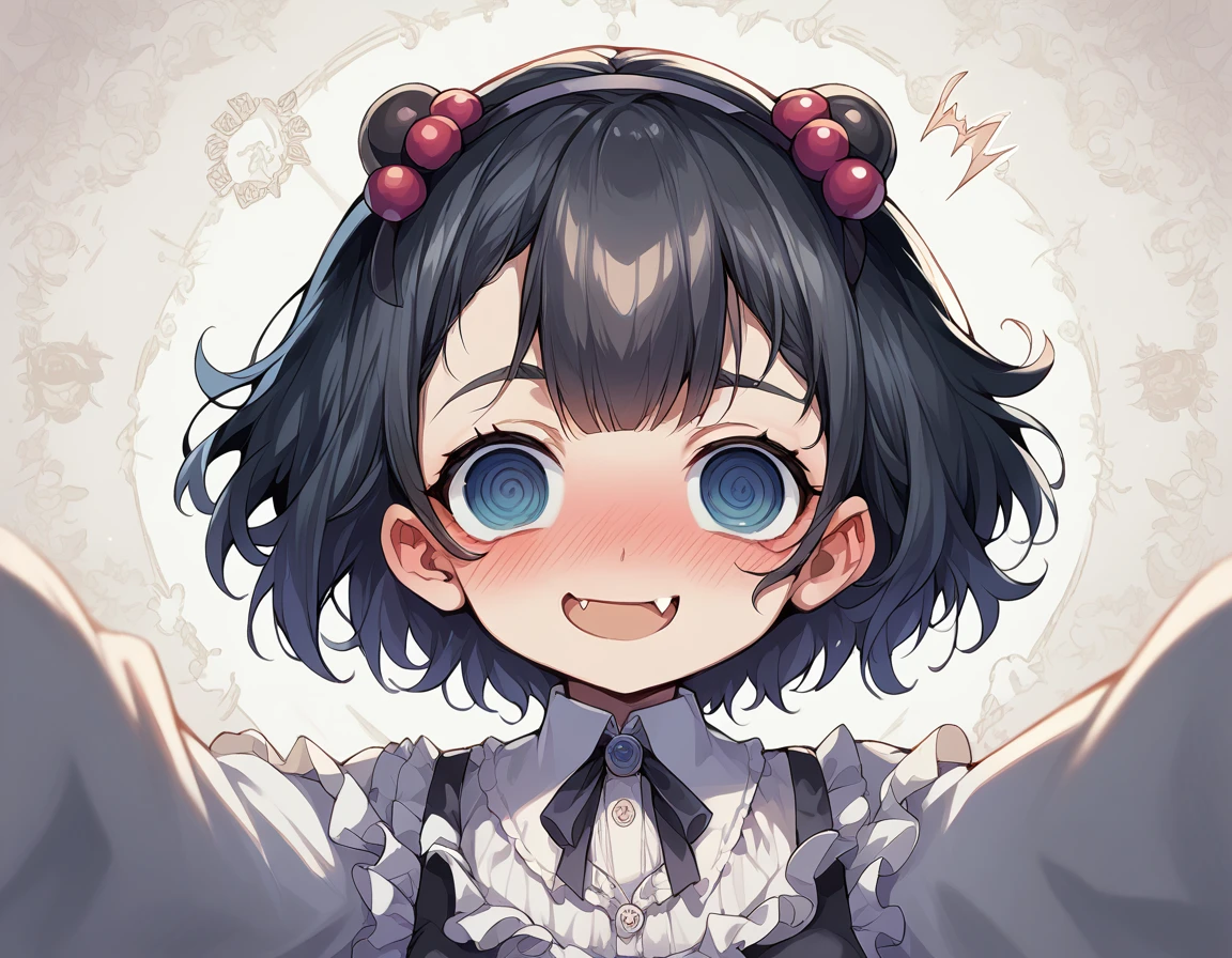 black hair, hair bobbles, wince, longeyelashes, solid circle eyes, fake animal ears, light smile, ear blush, fang, ccurate, Surrealism, drop shadow, anaglyph, stereogram, tachi-e, pov, atmospheric perspective, 8k, super detail, best quality