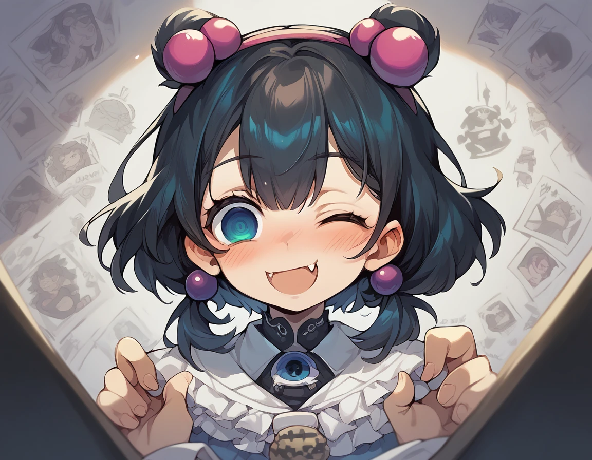 black hair, hair bobbles, wince, longeyelashes, solid circle eyes, fake animal ears, light smile, ear blush, fang, ccurate, Surrealism, drop shadow, anaglyph, stereogram, tachi-e, pov, atmospheric perspective, 8k, super detail, best quality