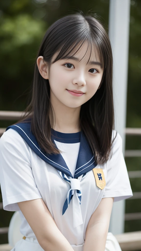 masterpiece, highest quality, 8K, , RAW photo, disorganized, award-winning portraits, alone, noon, idol face, delicate face, Digital single-lens reflex camera, looking at the viewer, shy smile、shame、flushed cheeks、thin arms, small breasts, nipples, small ass、thin waist、Frank, Sophisticated, like々New, thin arms, professional lighting, film grain, black eyes, chromatic aberration, (detailed eyes and face:1.0), (Bokeh:1.1),(hyper pretty face:1.2)、(beauty new face:1.2),Japan Traditional High School Uniforms, (white short sleeve sailor uniform:1.2), Black Hair, Middle straight hair, bangs, (Japanese), w sitting, above the knee