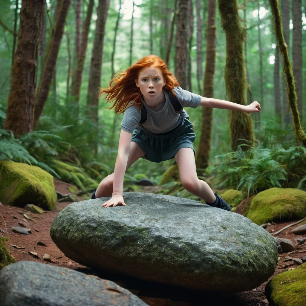 a beautiful angry 12 year old redheaded girl using telekinesis floats a large rock in the air a few centimeters off the ground in a realistic sci-fi forest