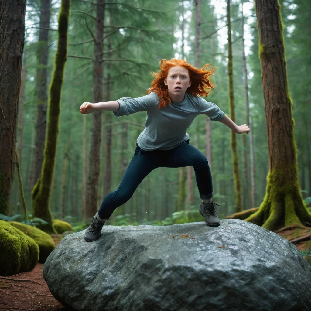 a beautiful angry 12 year old redheaded girl using telekinesis floats a large rock in the air a few centimeters off the ground in a realistic sci-fi forest