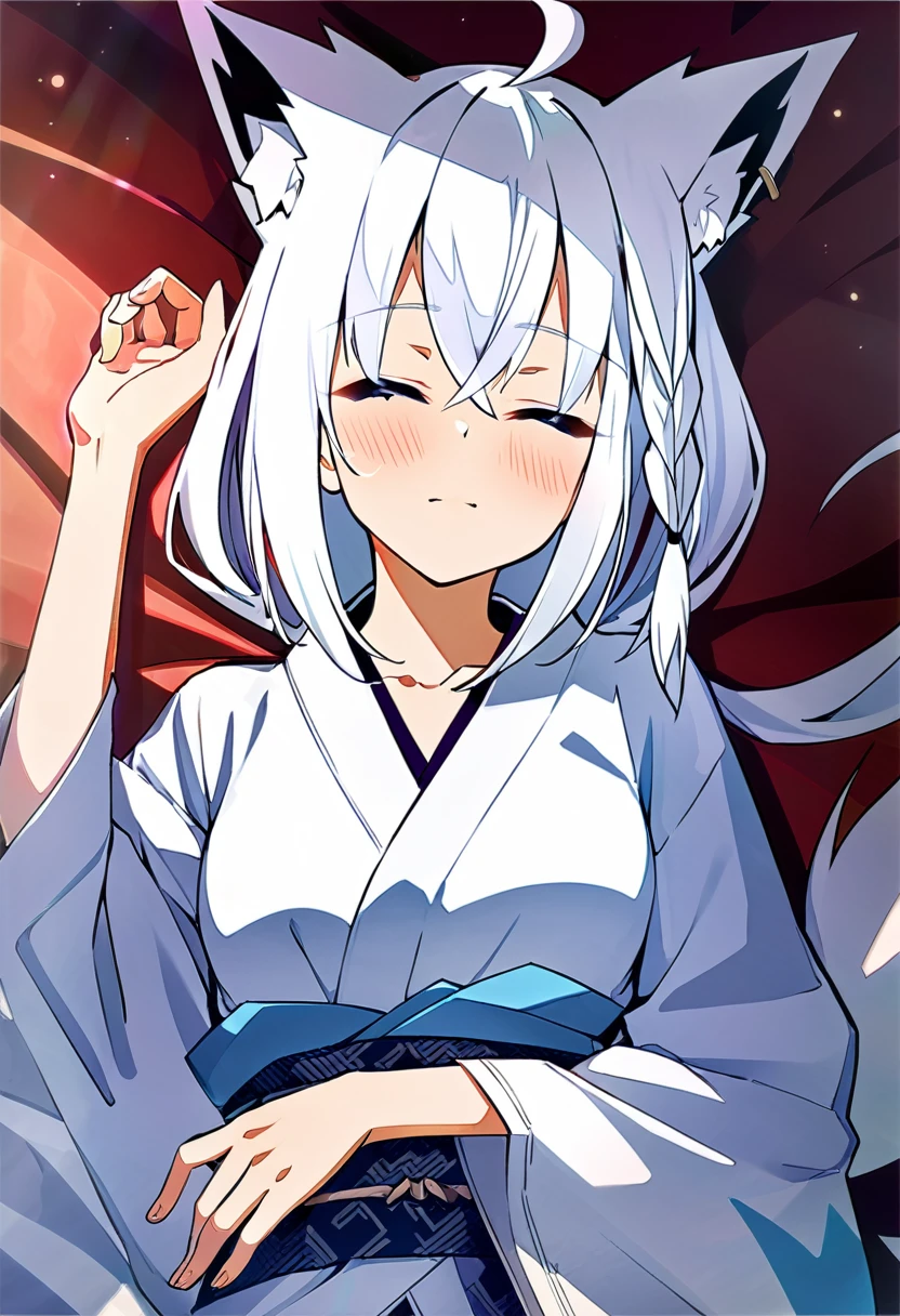 one girl, Shirakami Fubuki, fox ears, white hair, upperbody focus, yukata, beautiful, cute, lying on bed, sleeping