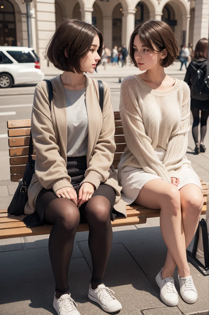 Girl with short hair and light brunette on a bench in the square talking to Jesus 