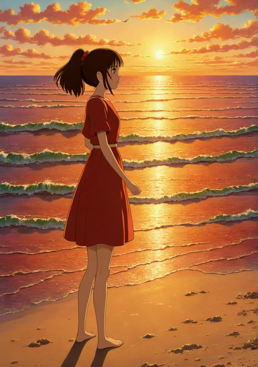 Ghibli summer sunset Ocean Beach girl