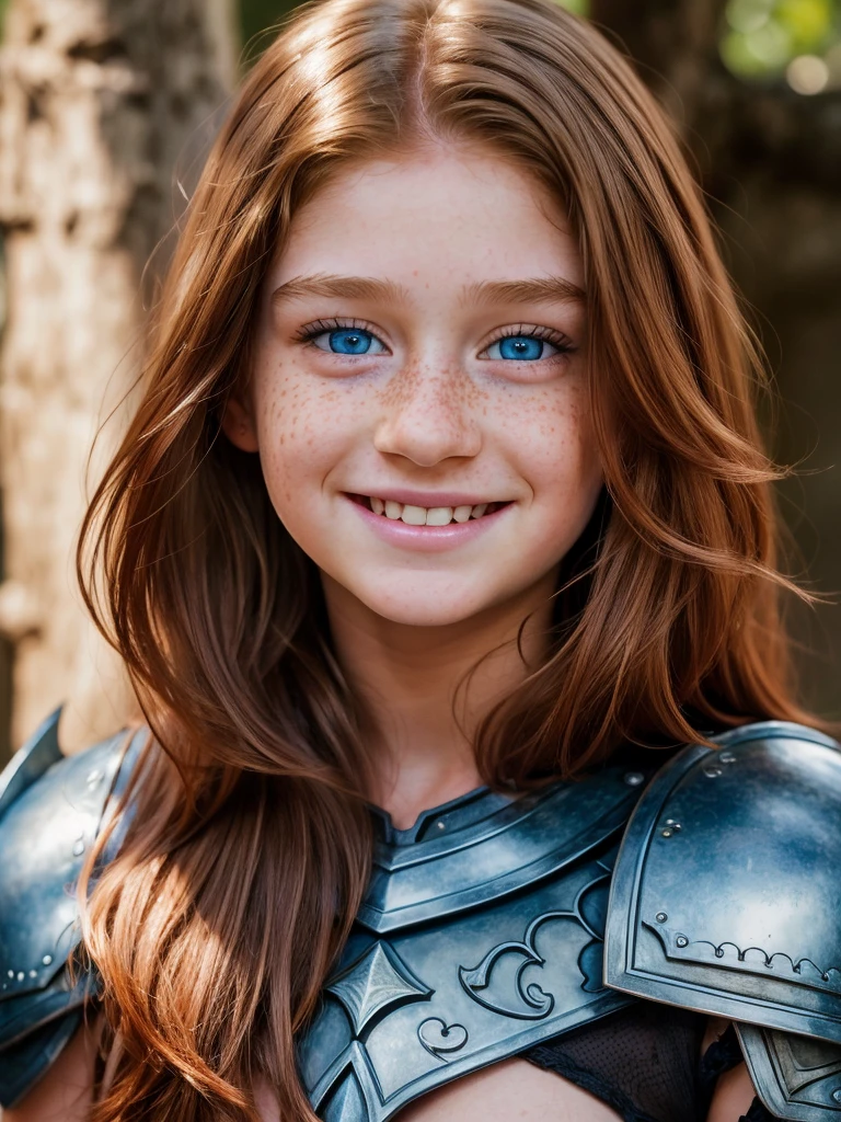 ((high resolution)),  freckled, ((11 year old)) girl, with blue eyes, blushing cheeks, wavy hair, smiling, naked, as a fantasy warrior, sexy armor