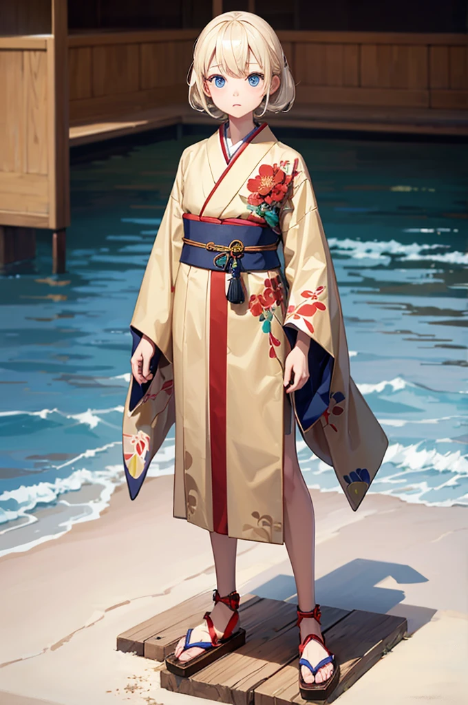Wooden Humanoid Robot,Wood grain body,child女に似せて作られた,wear the kimono,child,児,Illustrated,Hand out a towel
