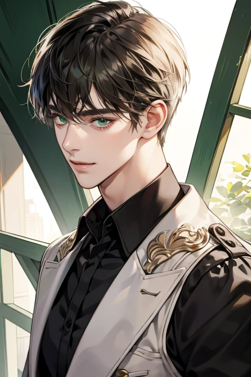 dream boy, handsome, attractive, green eyes short hair with two strands of hair that is like bangs larger than the general hair, black or brown. sad and beautiful smile, White skin 