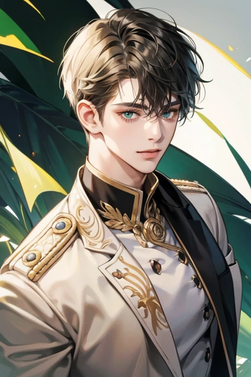 dream boy, handsome, attractive, green eyes short hair with two strands of hair that is like bangs larger than the general hair, black or brown. sad and beautiful smile, White skin 
