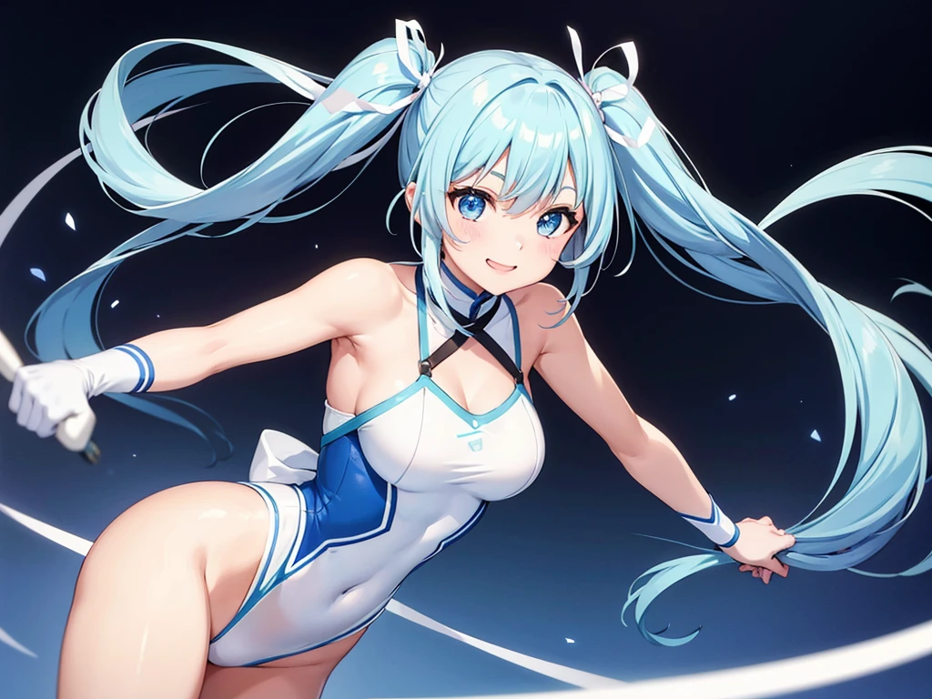Beautiful girl with long light blue hair, twin tails, rhythmic gymnastics ribbon, cute white leotard, bright smile