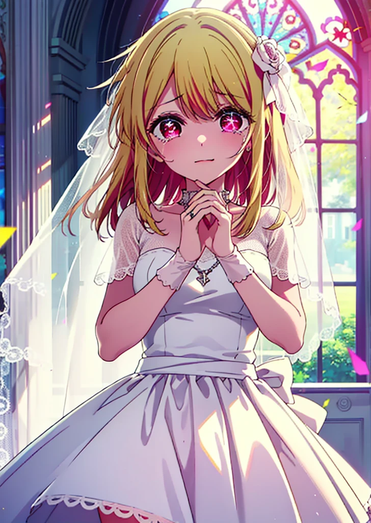 rubyhoshino, Ruby Hoshino, Long Hair, bangs, Blonde, (Pink Eyes:1.3), (Symbol-shaped pupil:1.5), Multicolored Hair, Two-tone hair, smile,Open your mouth,Close both eyes,Tears stream down her face,Tears of joy,I cry a lot,Wedding dress,Bare neck,necklace,Short sleeve,Wedding Skirts,Veil,Holding a bouquet in both hands,wedding,Flower storm,
break indoors, church,Chapel,
break looking at viewer,Upper Body, (Cowboy Shot:1.5),
break (masterpiece:1.2), Highest quality, High resolution, unity 8k wallpaper, (figure:0.8), (Beautiful attention to detail:1.6), Highly detailed face, Perfect lighting, Highly detailed CG, (Perfect hands, Perfect Anatomy),