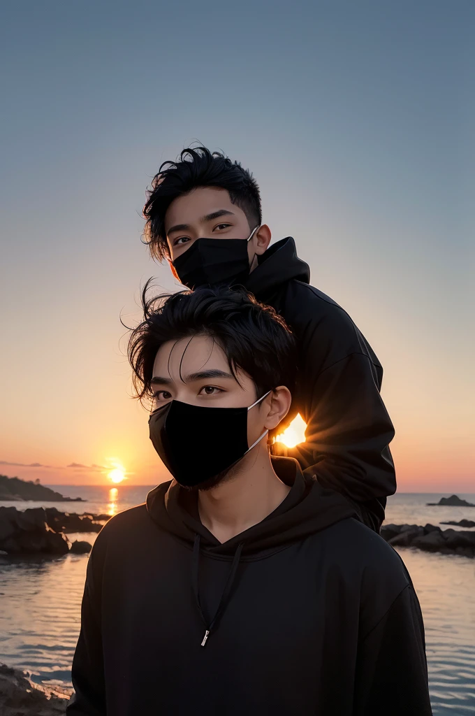 boy in mask,black hair,black sweatshirt,brown skin , with machete on the back,and the sunset background and