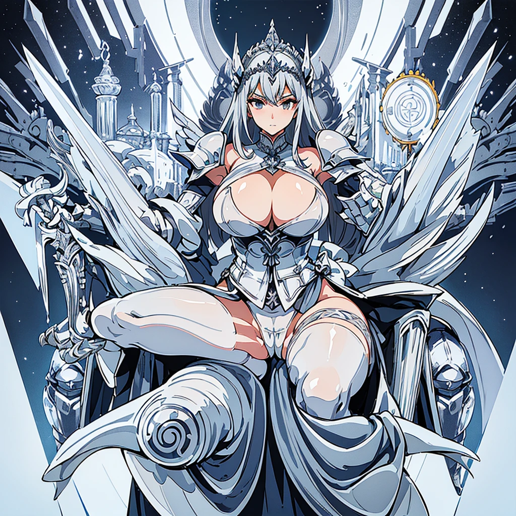 ((Silver Armor、Silver Sword、Silver Shield、Silver helmet、Silver Palace、Highest quality、Big Breasts、tits、Cleavage、Thighs、Spread your legs、camel toe))