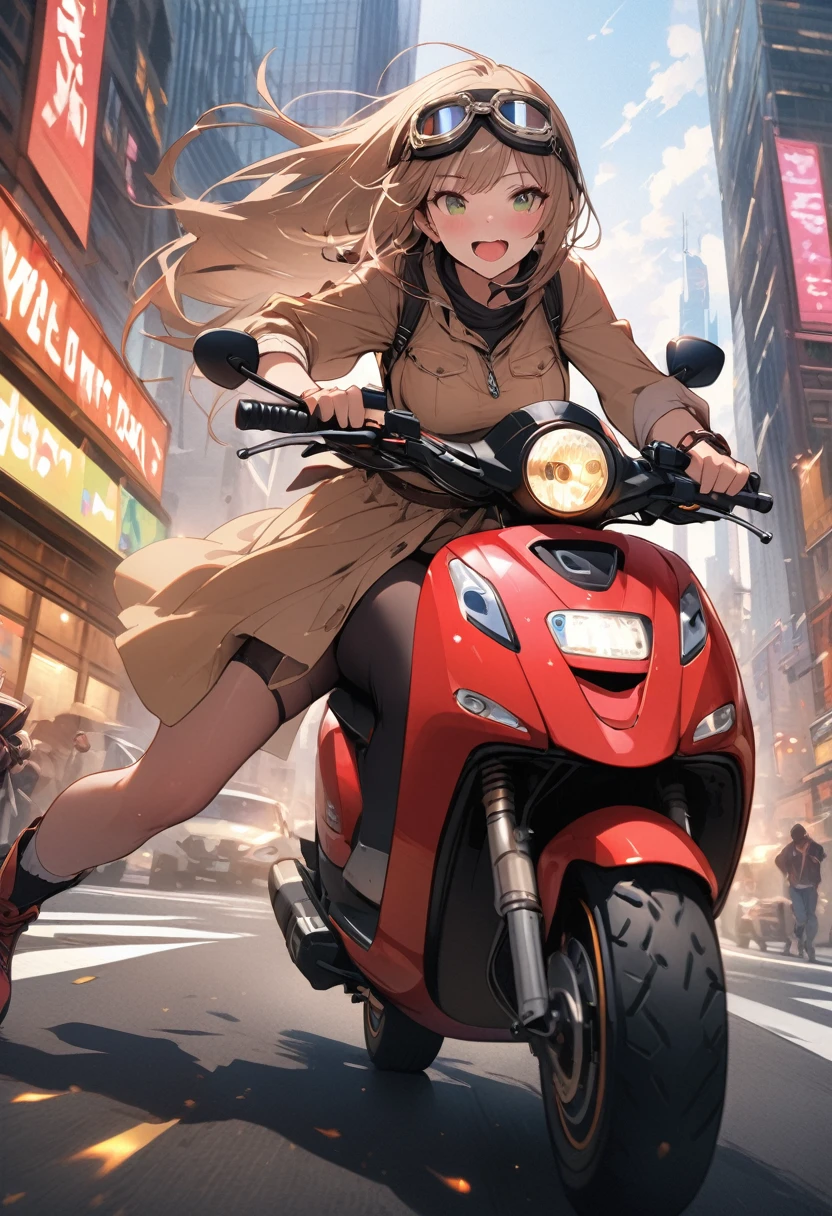 ((Highest quality))、((masterpiece))、(detailed)、((Anatomically correct))、(High resolution、8k)、One Woman、Running on a scooter、Half helmet with goggles、City、Skyscraper district
