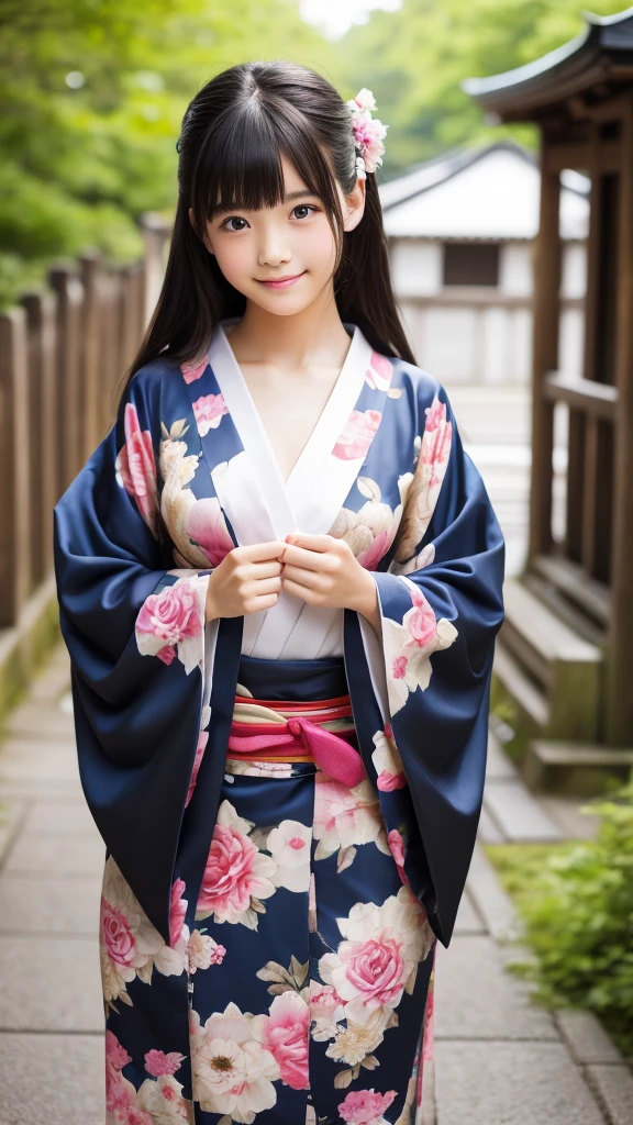 overtake high resolution, (realistic: 1.4), Raw photo, 最high quality, (Photorealistic), concentrated, soft light, (()), ((Japanese)), (front, young face))), (Depth of the bounds written), (one piece), masterpiece, (Photoreal), woman, bangs、One beautiful Japanese model, 15 years old、overtake high quality、bangs、black haired、kimono, furisode、Japanese style floral pattern:1.5、Idol-like overtake cute face:1.4、slim and beautiful body、beautiful breasts、laughter、Full body Esbian:1.2、Enhanced dynamic perspective,cute cute beautiful girl,beautiful skin, look at me and smile,simple background,works of masters,high quality,4K resolution,overtake