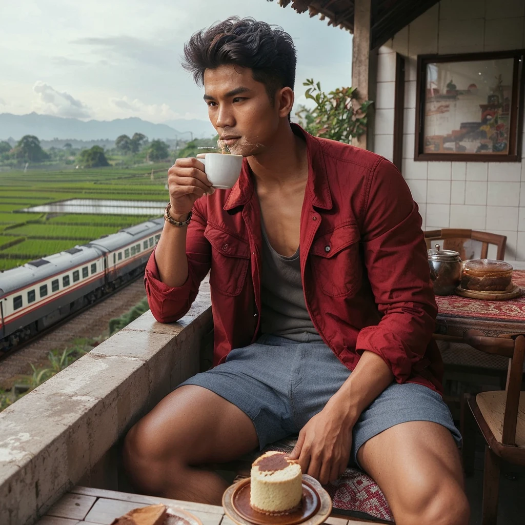 a handsome Indonesian Javanese man with very short hair, slightly slim body, red jacket, Shorts, drinking coffee, sitting relaxed on the terrace of a house at a height, there is a table where cake is served, under the terrace of the house there is a train running near the rice fields and the station,