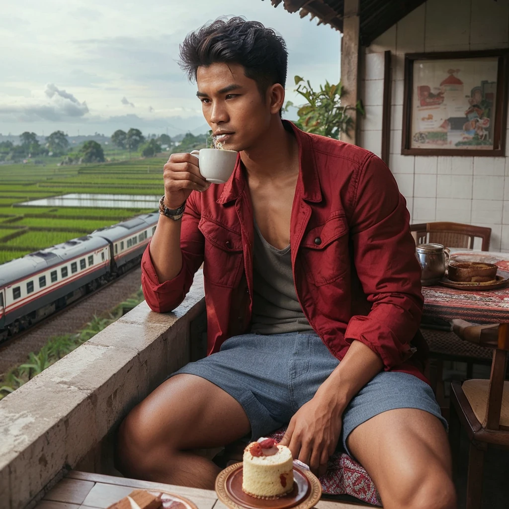 a handsome Indonesian Javanese man with very short hair, slightly slim body, red jacket, Shorts, drinking coffee, sitting relaxed on the terrace of a house at a height, there is a table where cake is served, under the terrace of the house there is a train running near the rice fields and the station,