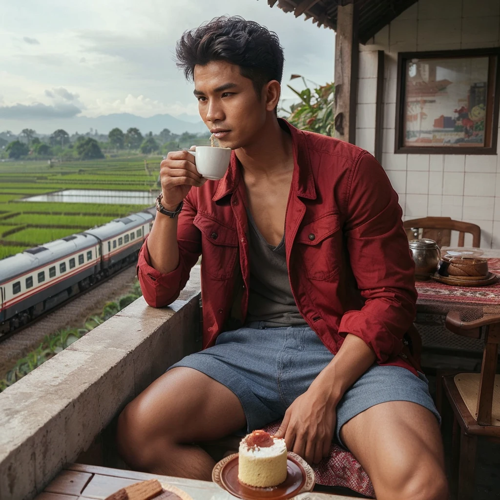 a handsome Indonesian Javanese man with very short hair, slightly slim body, red jacket, Shorts, drinking coffee, sitting relaxed on the terrace of a house at a height, there is a table where cake is served, under the terrace of the house there is a train running near the rice fields and the station,